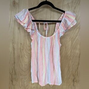 Mine Womens Babydoll Top Multicolor Floral Sleeveless Flutter Scoop Neck Boho L